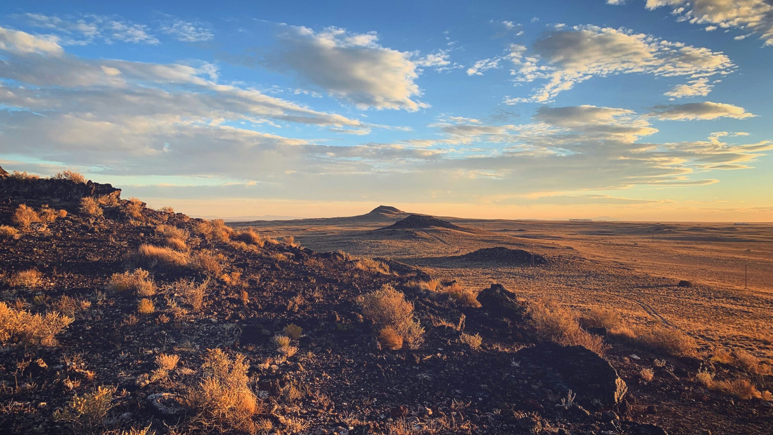 Wide desert landscape at sunset with scattered shrubs and rocky terrain in the foreground, flat plains, low hills in the distance, and a sky with scattered clouds illuminated by golden sunlight.