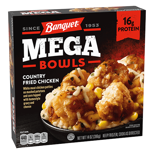 Banquet Mega Bowls Country Fried Chicken frozen meal box featuring country fried chicken pieces on mashed potatoes, corn, and cheese, topped with gravy. The packaging highlights 16g protein and displays the meal image.