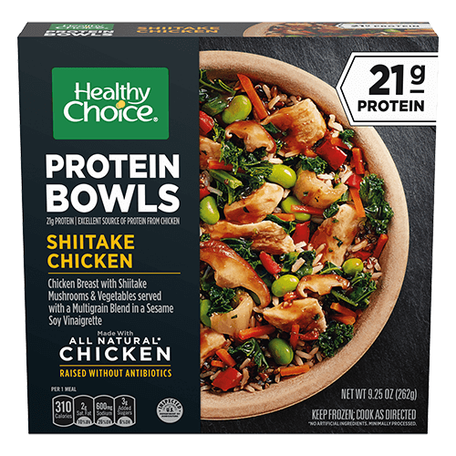 A Healthy Choice Protein Bowls box featuring Shiitake Chicken with a photo of the meal—chicken, vegetables, and grains—in a bowl. The box highlights 21g protein and all-natural chicken raised without antibiotics.