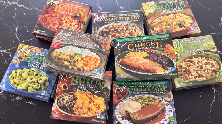 Nine boxes of Amy’s frozen meals, including chili mac, Asian stir-fry, broccoli cheddar bake, pesto tortellini, mattar paneer, cheese enchilada, mushroom risotto, black bean casserole, and veggie loaf, on a black marble surface.