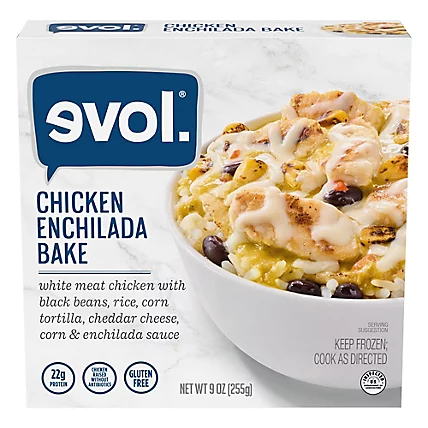 A box of Evol Chicken Enchilada Bake, featuring a bowl with chicken, black beans, rice, corn, cheddar cheese, and enchilada sauce. The packaging highlights 22g protein, all natural, and gluten free.