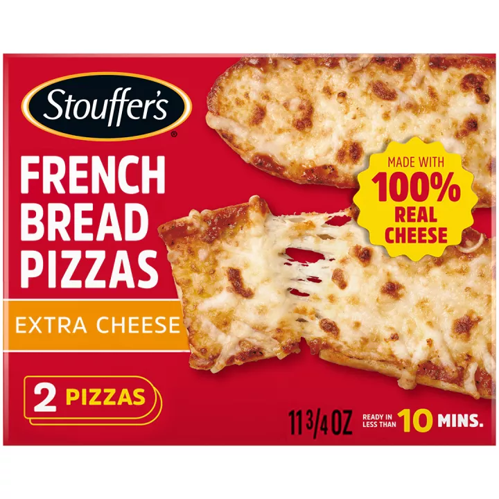 Stouffer’s French Bread Pizzas Extra Cheese box featuring two cheesy French bread pizzas, the Stouffer’s logo, and text highlighting 100% real cheese, 2 pizzas, and ready in less than 10 minutes.