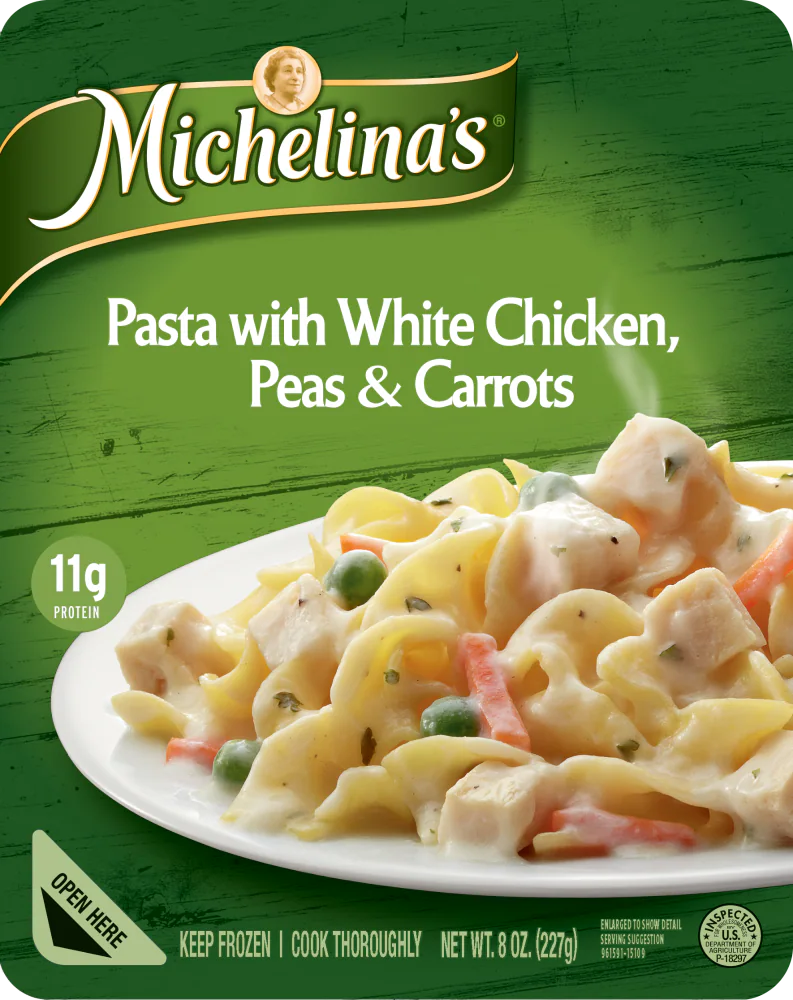 A package of Michelina’s Pasta with White Chicken, Peas & Carrots, showing a serving of pasta with diced chicken, peas, and carrots on a green background. The package highlights 11g protein and an 8 oz (227g) net weight.