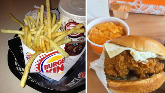 On the left, a Burger King fast-food value meal with fries, a wrapped burger, and a drink. On the right, a fried chicken sandwich topped with pickles and a cup of mac and cheese in the background.