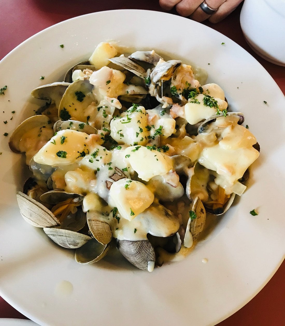 A white bowl filled with clams, scallops, shrimp, and pasta, all covered in creamy white sauce and garnished with chopped parsley. A hand is visible at the top right corner of the image.