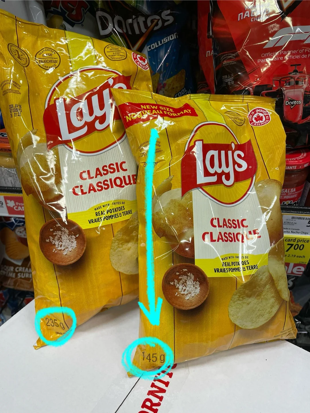 Two Lay’s Classic potato chip bags are shown side by side; one is labeled 235g and the other 145g. A neon blue arrow points from the larger bag's weight to the smaller bag's weight, highlighting the size difference.