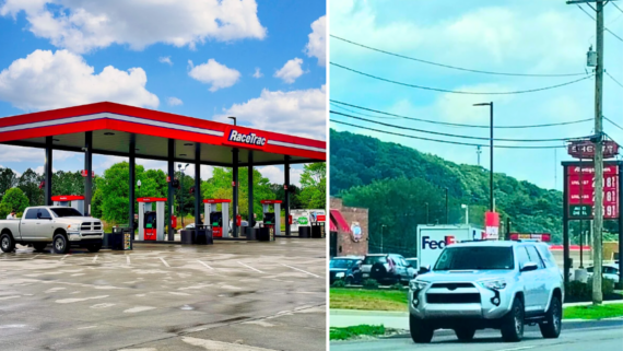 A RaceTrac gas station, part of popular gas station chains, features red accents on a sunny day. On the left, vehicles are parked at the pumps; on the right, cars drive by and fuel prices are visible on a sign in the background.
