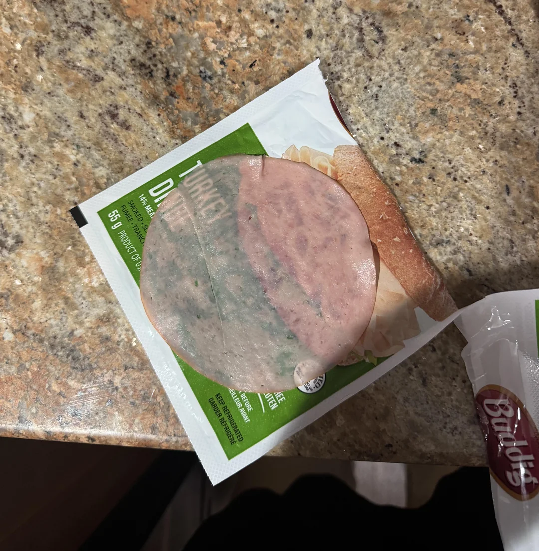 A slice of lunch meat sits on top of an open package labeled "Turkey" on a speckled brown countertop. Part of another packaged item is visible in the lower right corner.