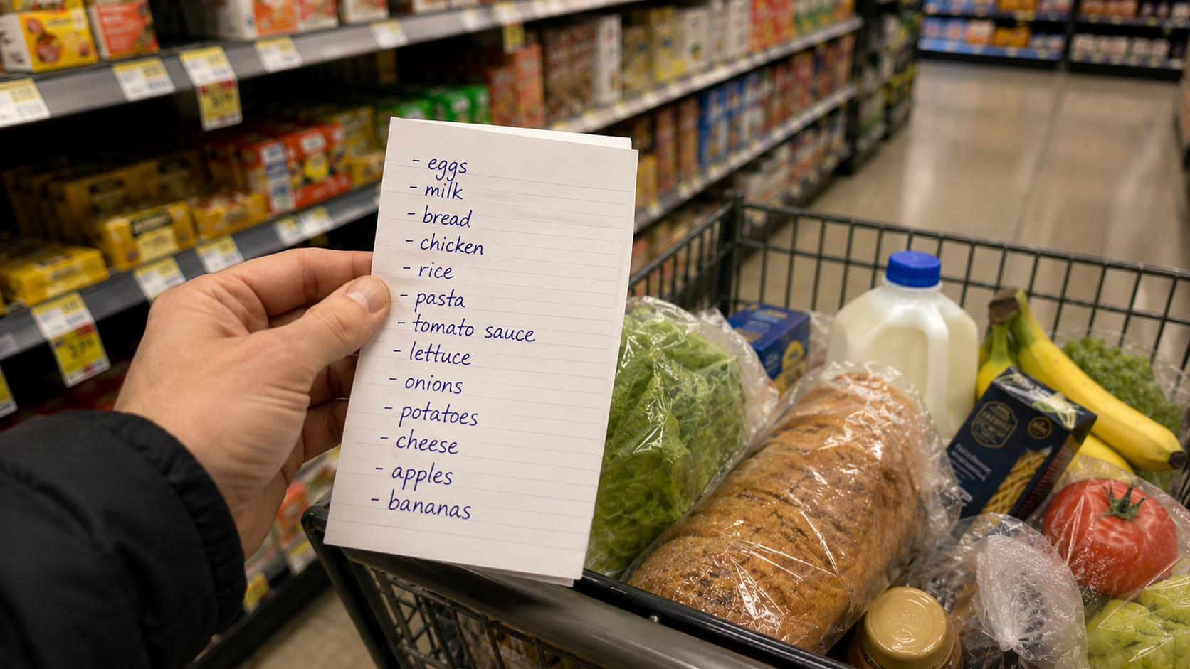 A hand holds a grocery list with items like eggs, milk, and bread next to a cart filled with groceries, highlighting how grocery prices since 2000 have changed in this bustling supermarket aisle.