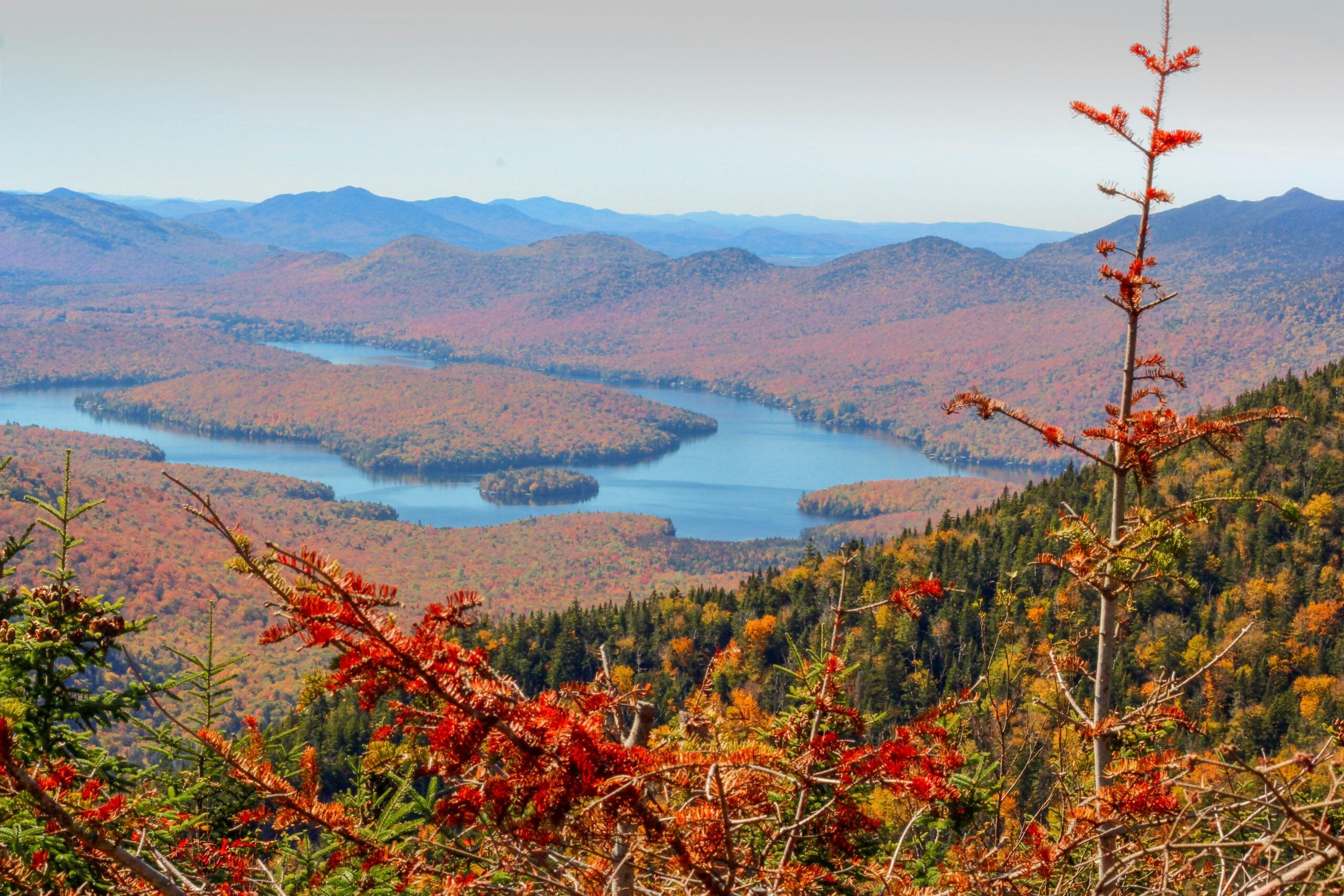 A winding blue river cuts through a vast forest of autumn-colored trees, with rolling mountain ranges in the background and red foliage in the foreground under a clear sky.