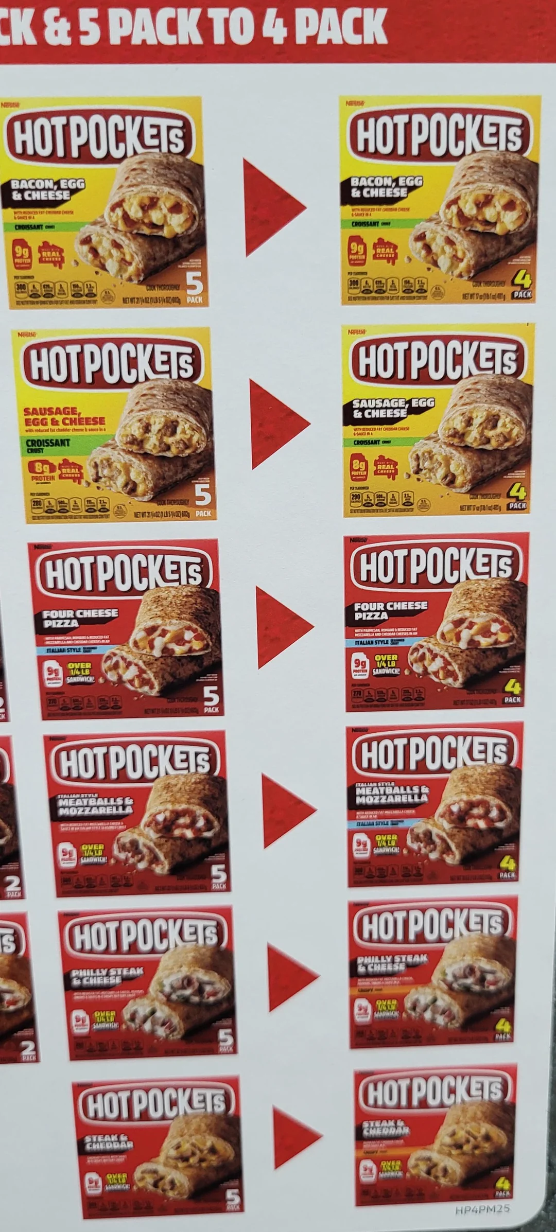 Display showing Hot Pockets boxes, comparing old 5-pack boxes on the left to new 4-pack boxes on the right for various flavors, including Bacon Egg & Cheese, Sausage Egg & Cheese, and Pepperoni Pizza.