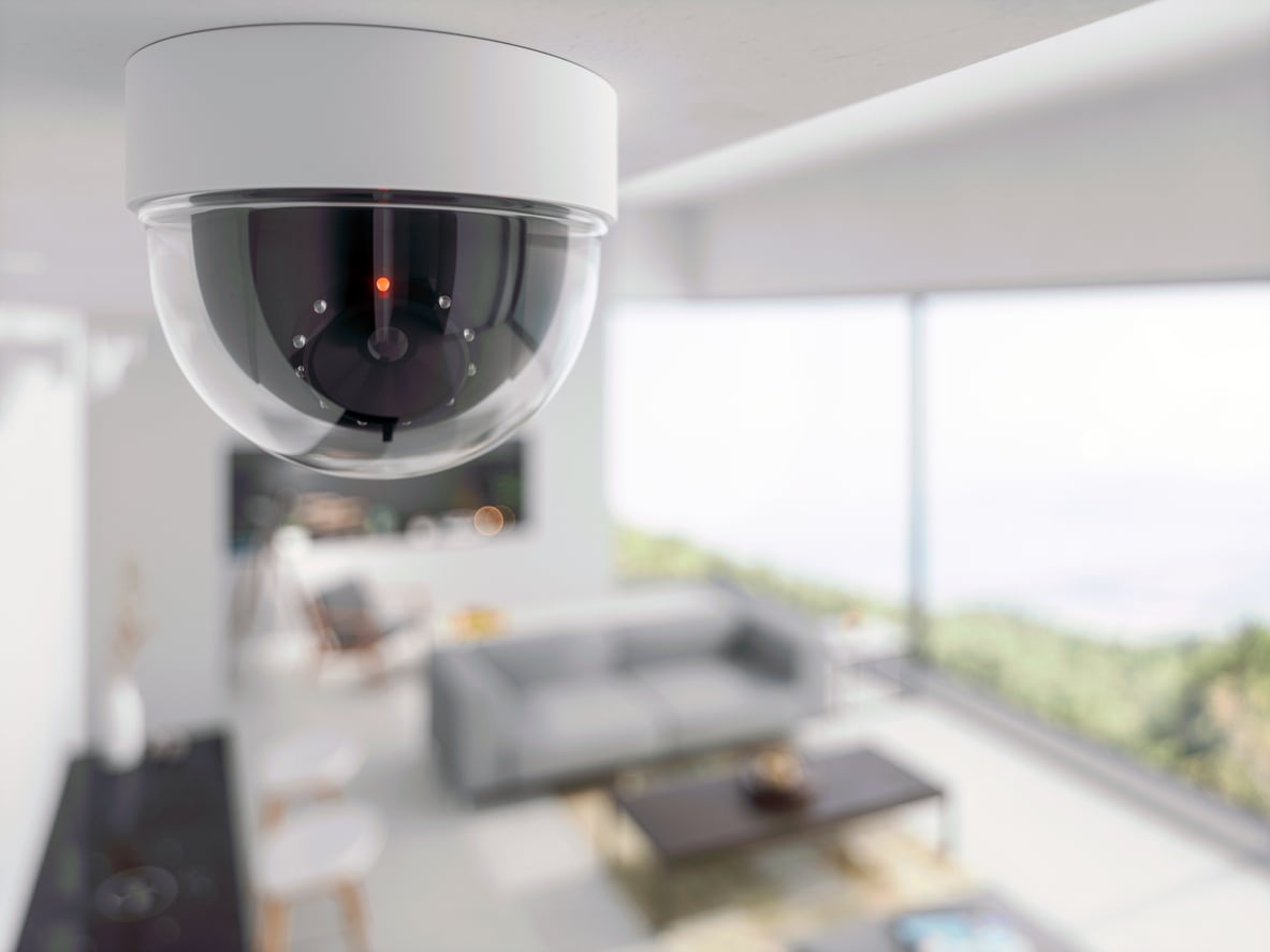 A close-up of a dome security camera mounted on a ceiling in a modern, bright living room with large windows overlooking a scenic outdoor view.