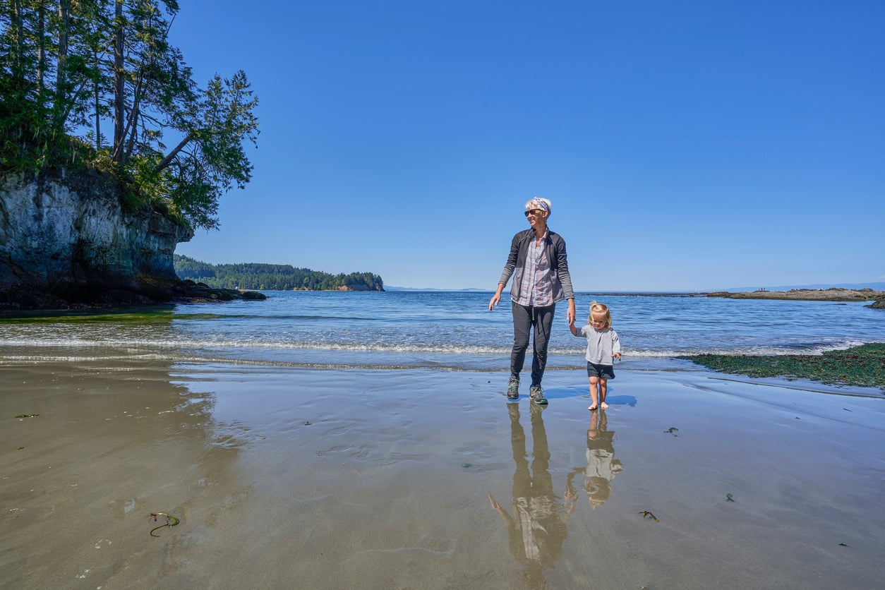 An adult and a small child walk hand in hand along a sandy beach with calm water and distant tree-covered cliffs under a clear blue sky. Their reflections are visible on the wet sand.