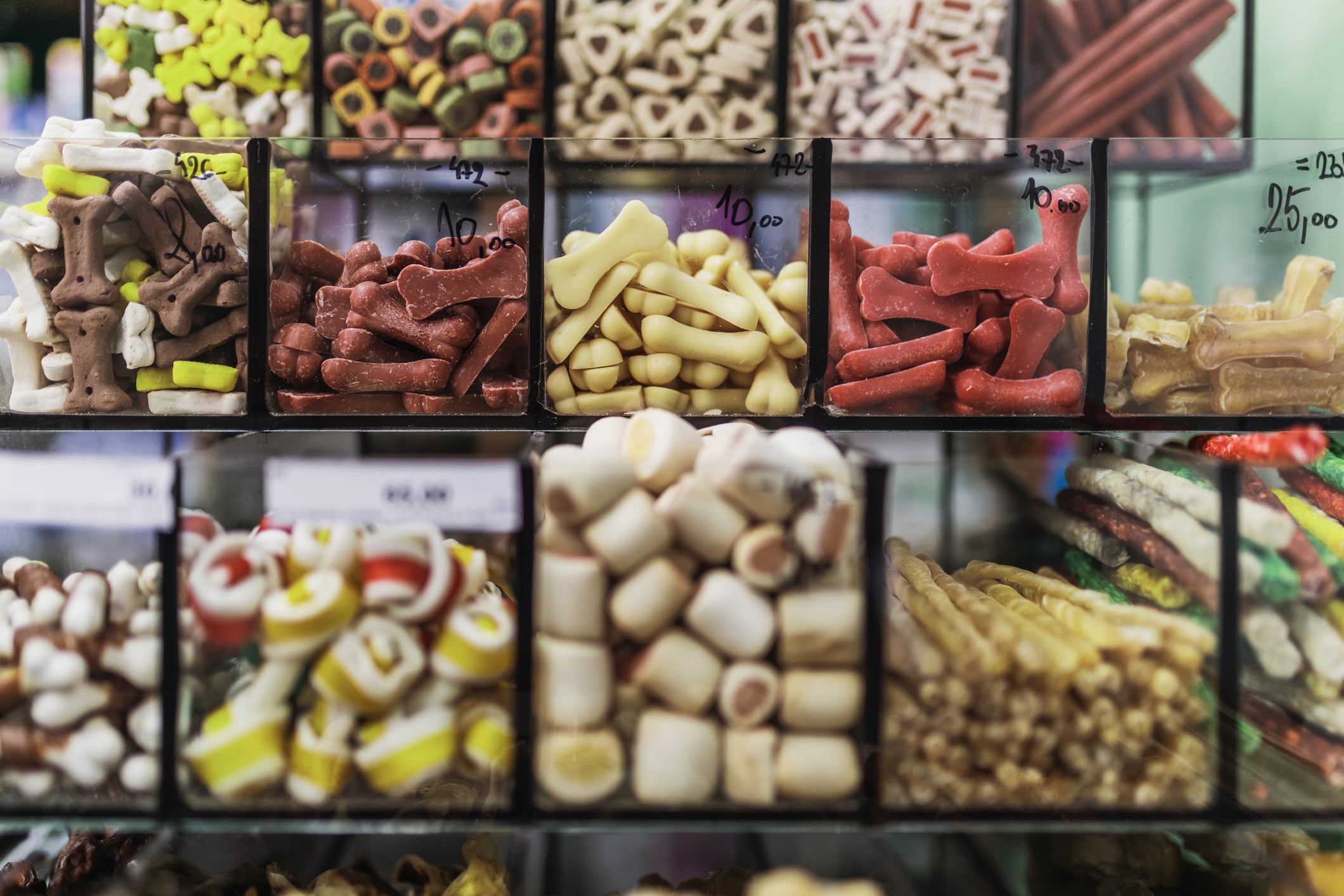 Clear plastic bins filled with a variety of colorful dog treats, including bone-shaped and roll-shaped chews, are neatly organized on display at a pet store.