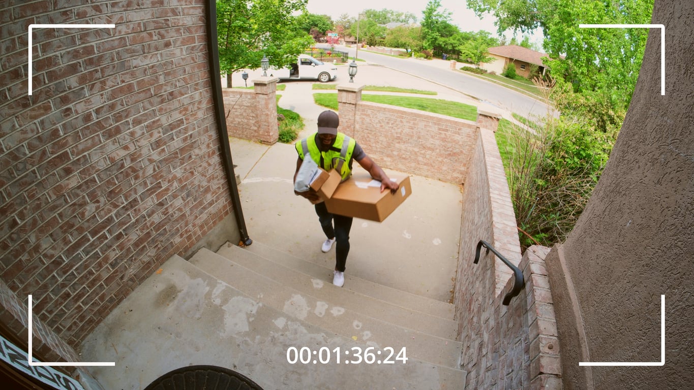 A delivery person wearing a reflective vest carries packages up the front steps of a house, as seen from a security camera with a timestamp—perfect for keeping an eye on your deliveries while staying at an Airbnb.