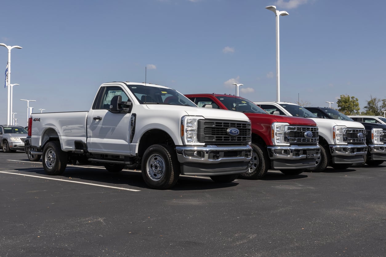 A row of new Ford pickup trucks, including white and red models—often among the products men skip buying—parked side by side in a dealership lot under a clear blue sky.