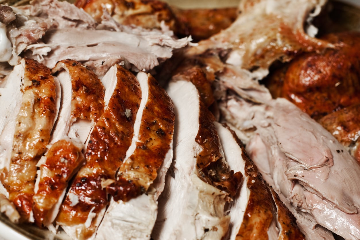Close-up of juicy, sliced roasted turkey breast with crispy brown skin, arranged on a platter with additional pieces of turkey meat in the background.