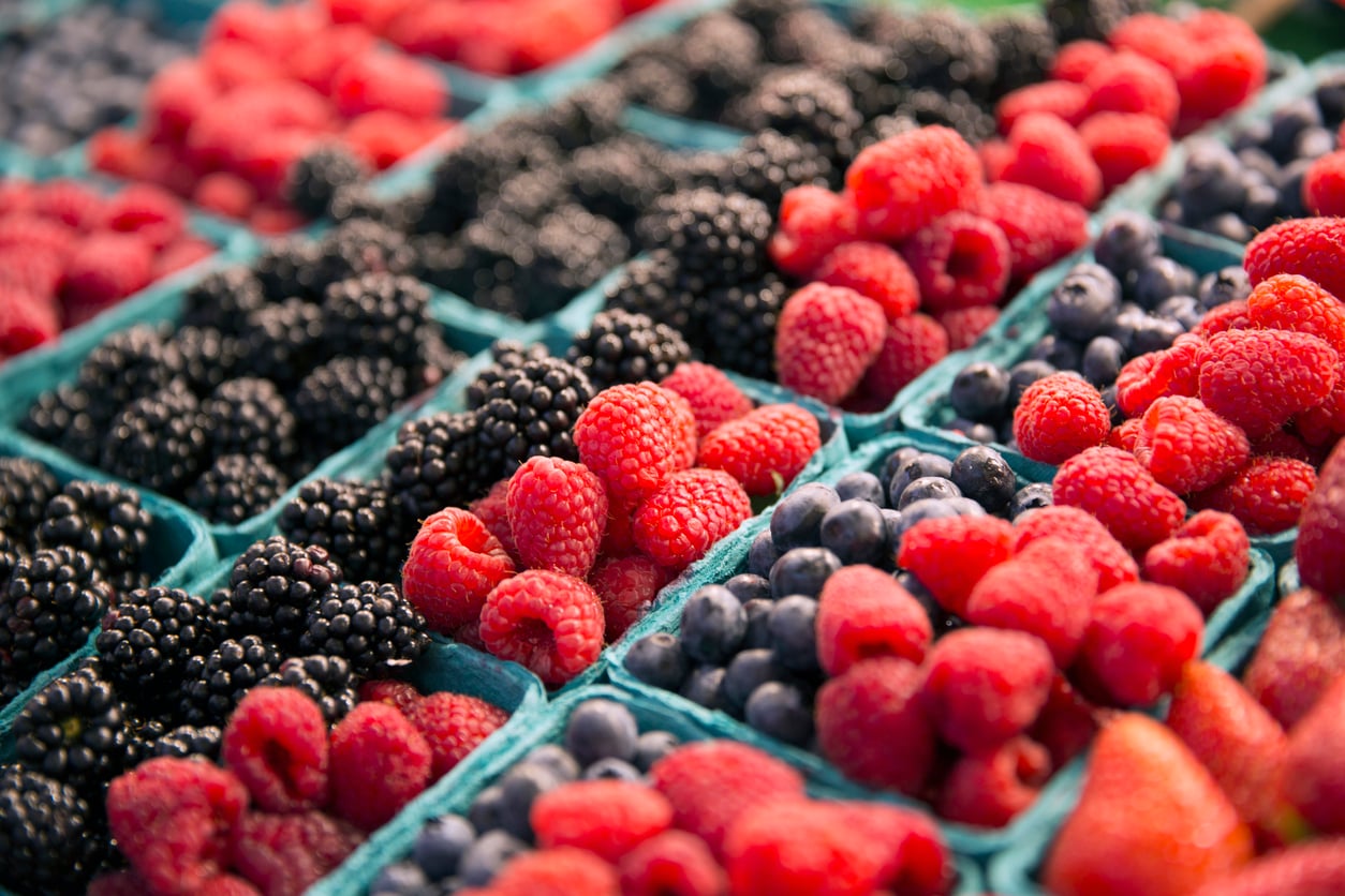 Containers of fresh berries, including raspberries, blackberries, and blueberries, are arranged in rows at a market. The vibrant colors and textures highlight the freshness of the fruit. Grocery prices since 2000.