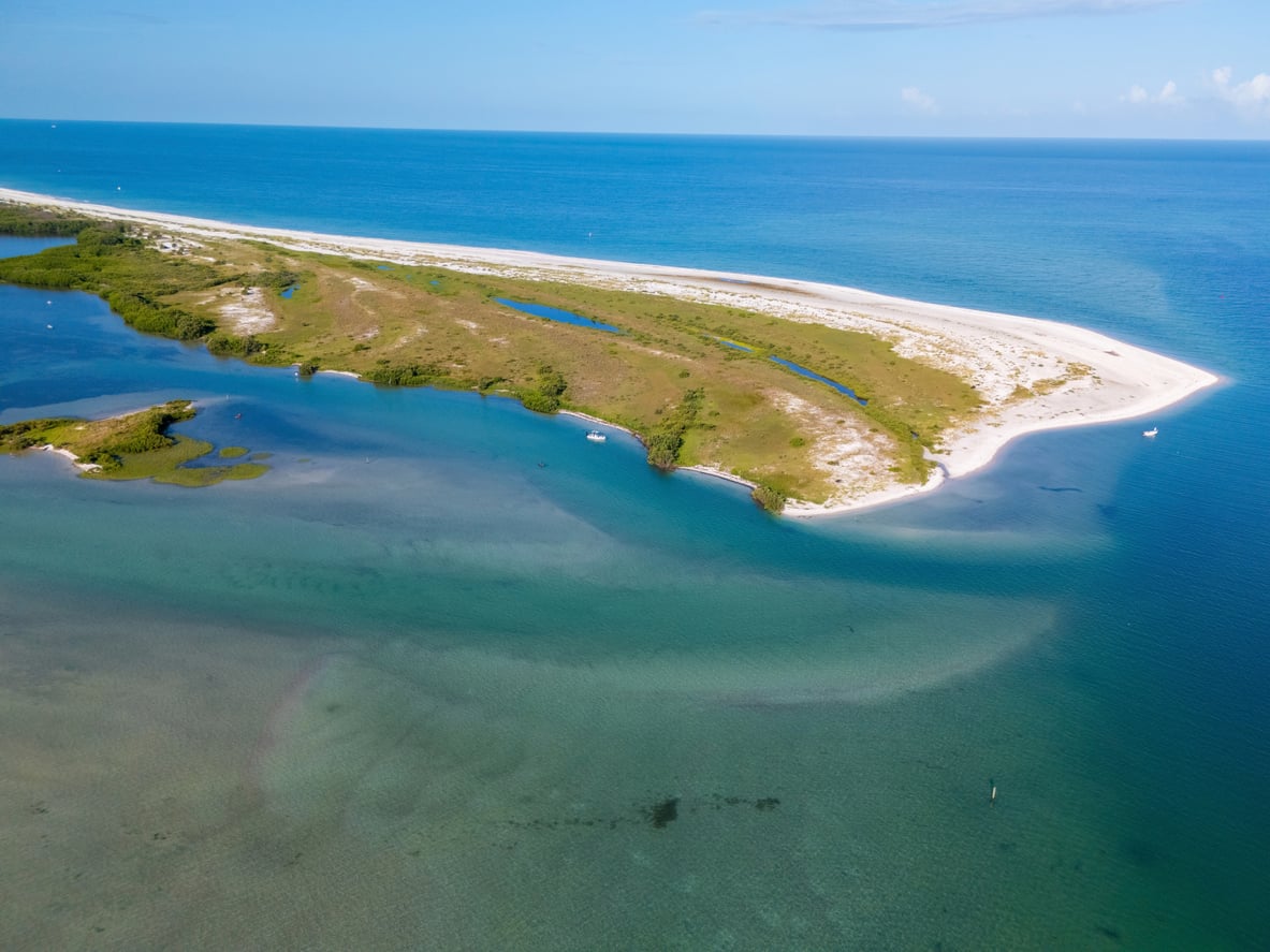 Aerial view of a narrow, sandy island with green vegetation surrounded by clear blue ocean water, shallow sandbars, and small patches of mangroves under a bright sky.