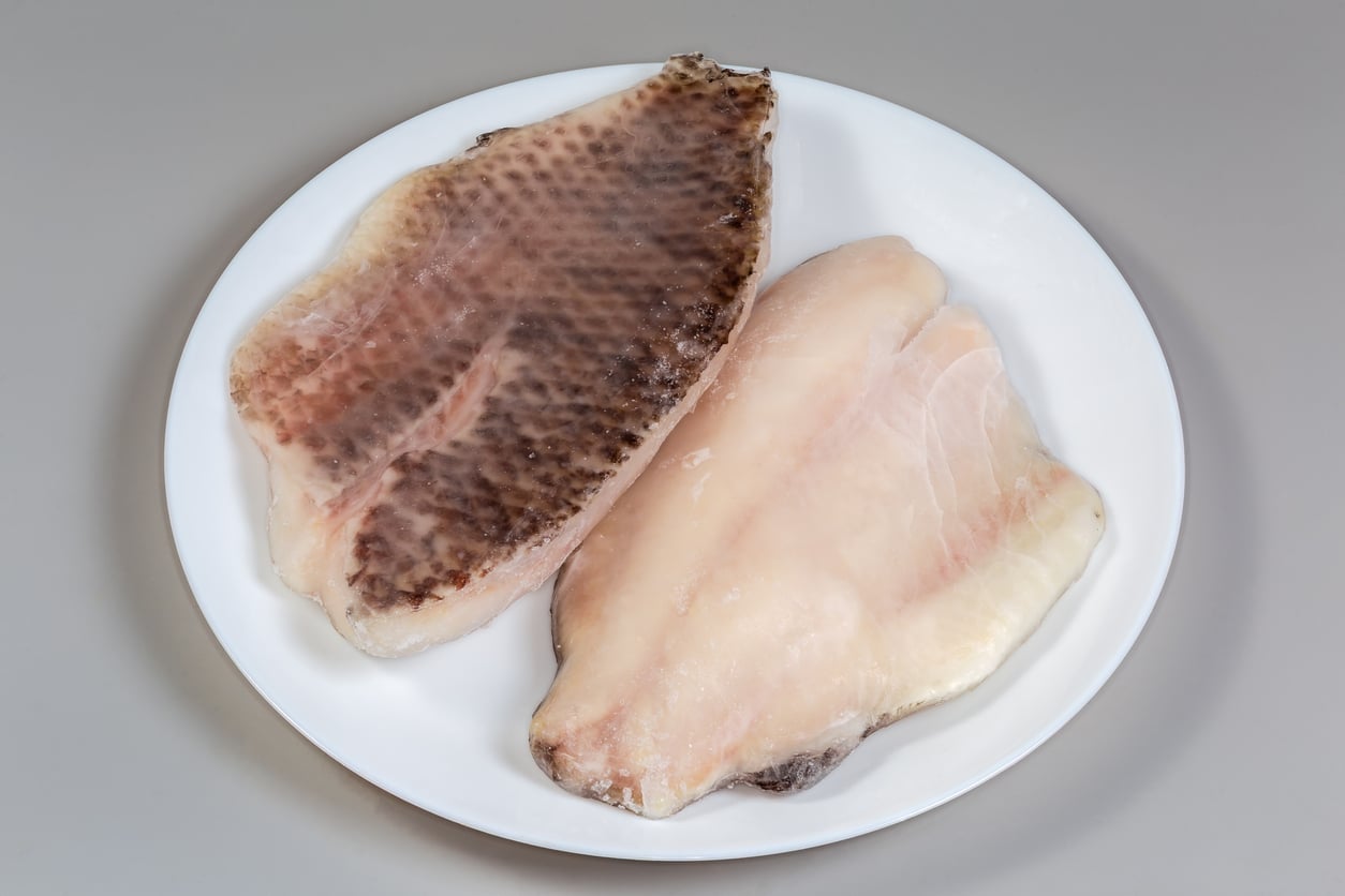 Two raw fish fillets, one with skin and one without, are placed side by side on a white plate against a plain gray background—offering delicious ground beef alternatives for your next healthy meal.