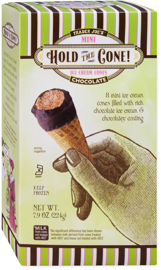 A box of Trader Joe’s “Hold the Cone!” mini chocolate ice cream cones, featuring a hand holding a cone on a striped green and white background. The box contains 8 cones with chocolate coating and filling.