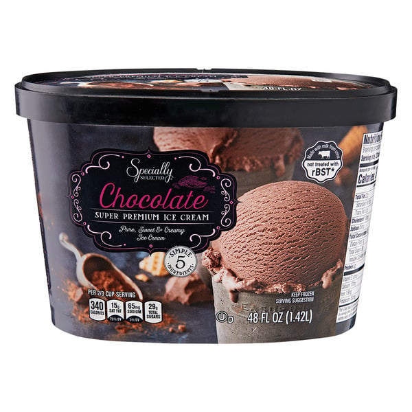 A tub of Specially Selected Chocolate Super Premium Ice Cream, featuring an image of a chocolate ice cream scoop on the front, with the label showing 48 fl oz (1.42L), nutritional info, and product details.