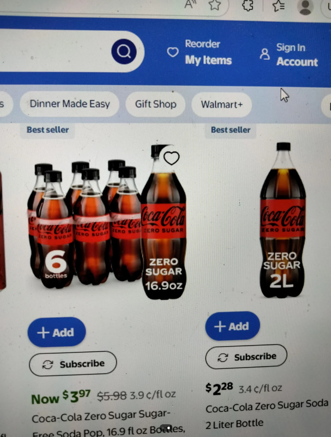 Screenshot of an online store listing Coca-Cola Zero Sugar. On the left, a 6-pack of 16.9 oz bottles; on the right, a single 2-liter bottle. Prices suggest you may pay more for less with certain pack sizes, with "Add" buttons below each product.