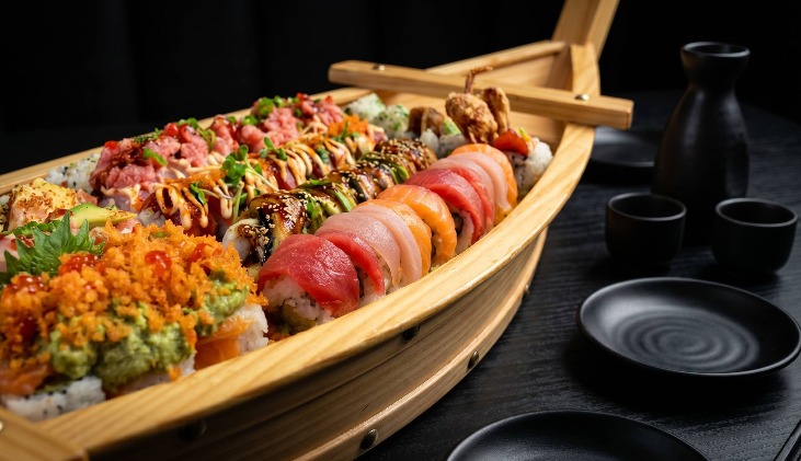 A wooden boat-shaped platter filled with assorted sushi rolls, featuring colorful fish and various toppings, is displayed on a dark table with black plates and sake cups beside it.