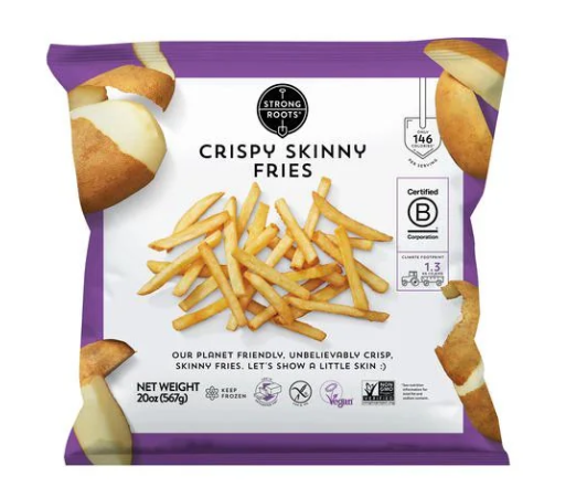 A bag of Strong Roots Crispy Skinny Fries with an image of thin fries and potato pieces on the mostly white packaging. Displays certifications and nutritional info—perfect to buy in bulk for convenient, delicious snacking anytime.