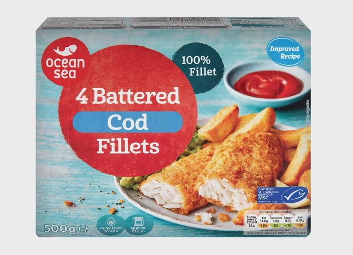 A box of Ocean Sea 4 Battered Cod Fillets shows an image of battered cod fillets with chips and peas, plus a small dish of ketchup. Perfect to buy in bulk, the packaging highlights “100% Fillet” and displays key nutritional information.