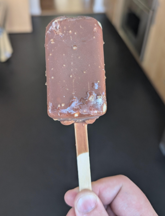 A hand holds a chocolate-coated ice cream bar on a wooden stick, with a slightly melted spot. The background is blurred, showing a kitchen setting.