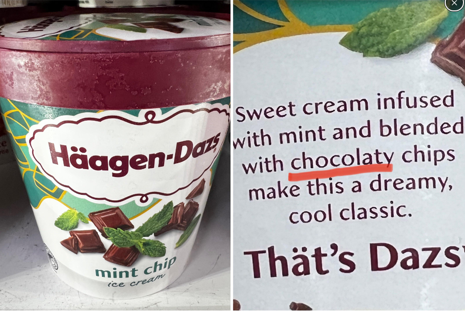 A tub of Häagen-Dazs mint chip ice cream is shown on the left. On the right, there is a close-up of the packaging text describing the flavor and highlighting the word "chocolaty" in red.