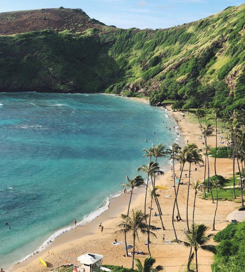 Aerial view of a tropical beach with turquoise water, golden sand, palm trees, and people swimming and relaxing—an ideal escape from daily stresses like credit card debt. Green cliffs rise in the background under a partly cloudy sky.