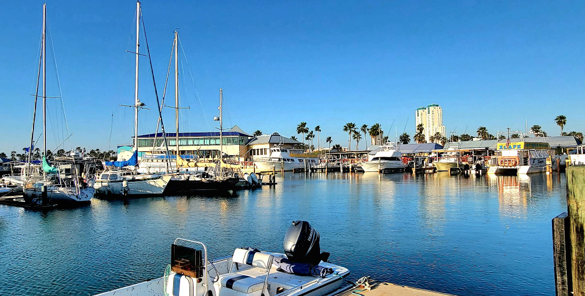 A marina in one of the charming beach towns, with docked sailboats and yachts, calm blue water, palm trees, waterfront buildings, and a tall hotel rising in the background under a clear blue sky.