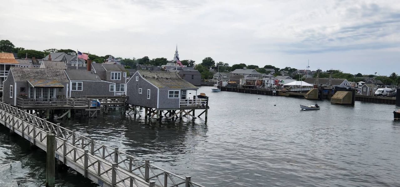 Waterfront houses on stilts line a calm harbor with docks and boats. A wooden walkway runs along the water, and a small town with a church steeple is visible in the background under a cloudy sky.