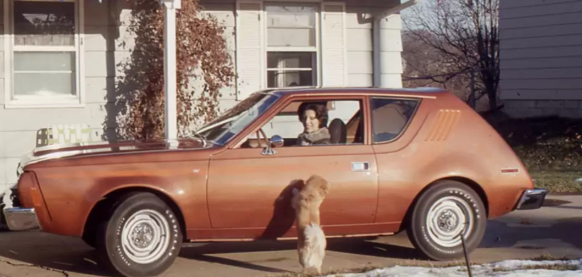 A person sits in the driver's seat of a vintage orange car, typical of the early 1960s on a single income, parked in a driveway, while a small dog stands on its hind legs with its paws on the car door. A house is visible in the background.