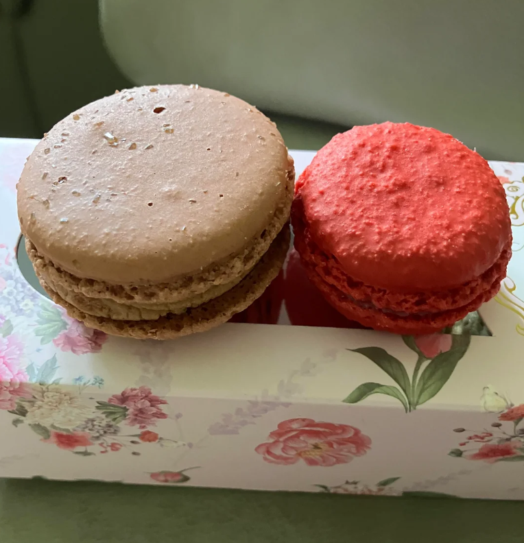 Two macarons, one brown and one red, sit on a floral-patterned box. The brown macaron has a smooth top, while the red one is more textured. Both are placed side by side in natural light.