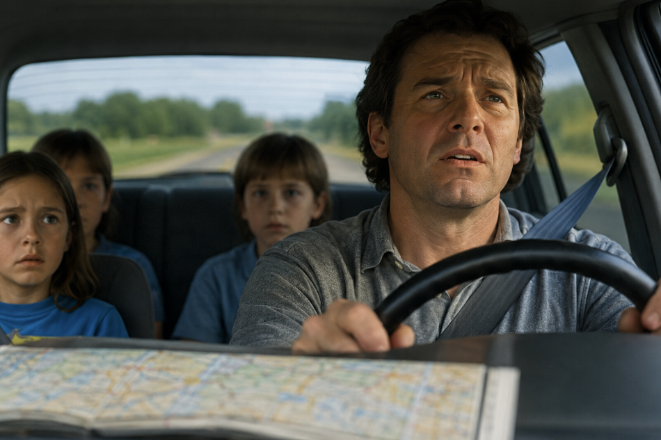 A man, displaying classic dad habits, drives a car with three concerned children in the backseat. A folded map spans the dashboard as the road winds through a lush green landscape.