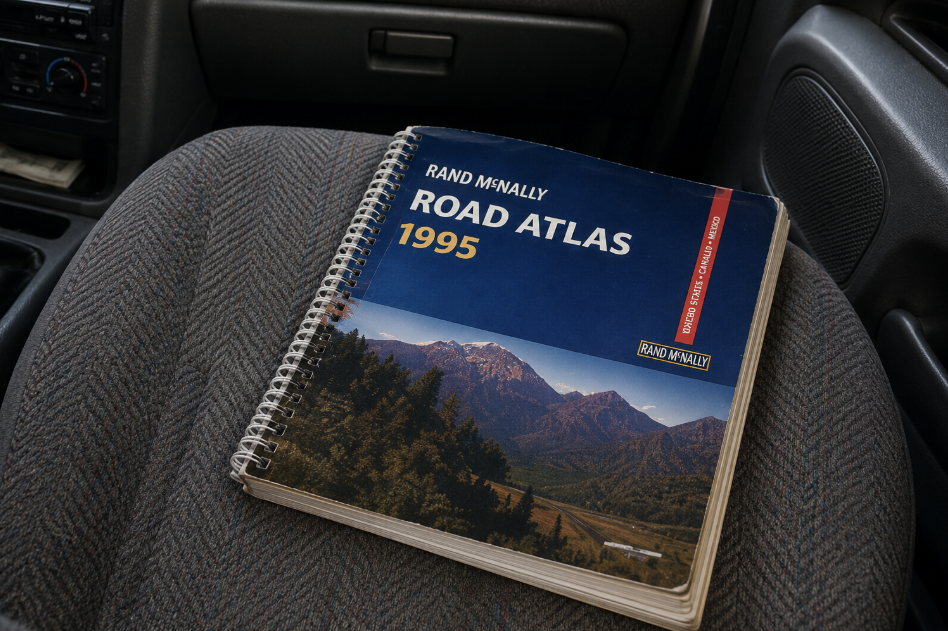 A spiral-bound Rand McNally Road Atlas from 1995 rests on a gray car seat, its cover photo of mountains and trees evoking classic dad habits on road trips.