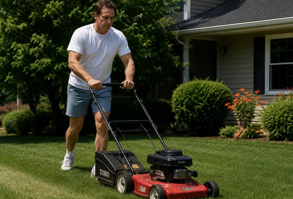 A man wearing a white t-shirt and shorts is showcasing classic dad habits as he mows the lawn with a red and black Toro lawnmower in front of a house with green bushes and flowers.