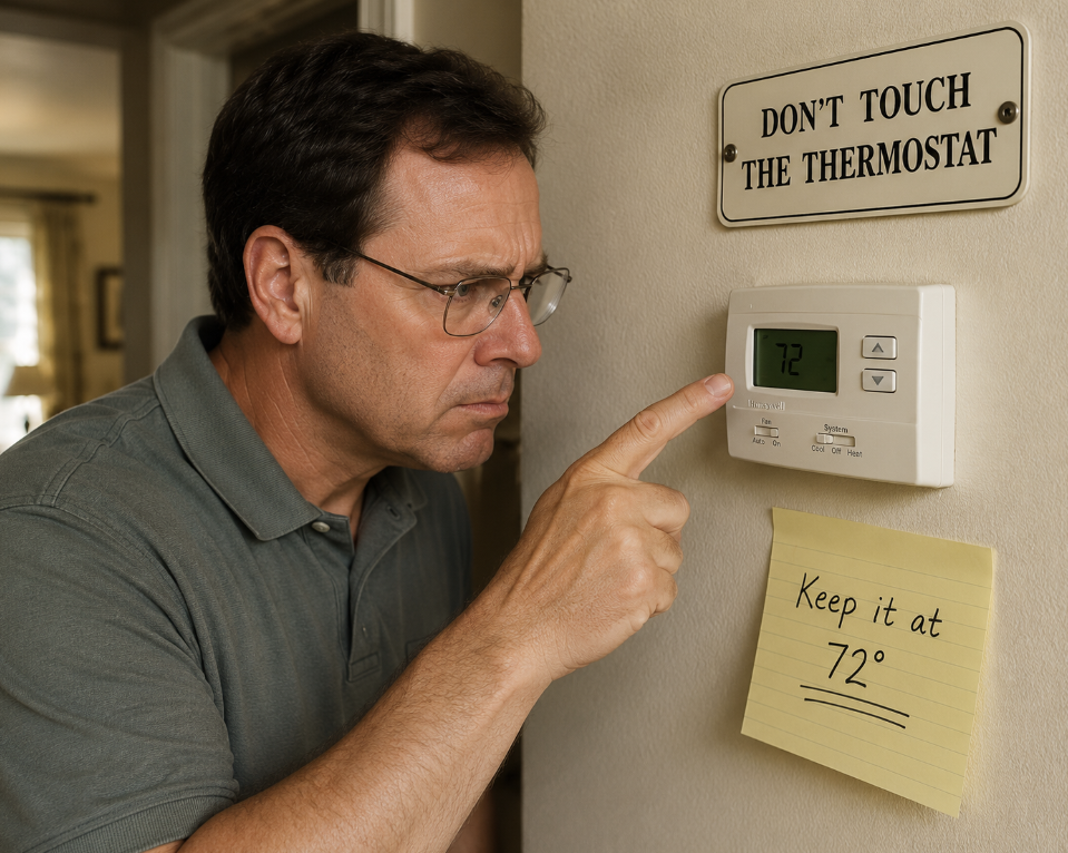 A man in glasses, showing classic dad habits, is about to press a thermostat set to 72°F. A sign above warns "DON'T TOUCH THE THERMOSTAT," while a sticky note below says "Keep it at 72°." He looks serious and focused.