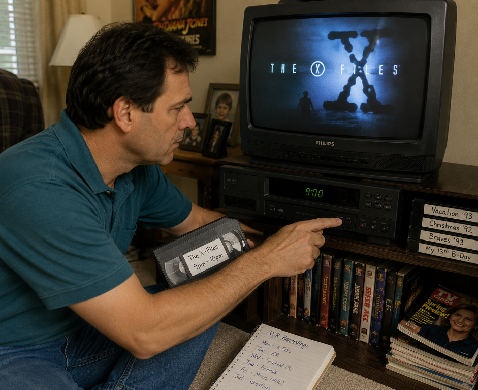 A man kneels by a TV playing The X-Files—classic dad habits on display—as he points at a VCR, holding a VHS tape labeled “The X-Files,” with more labeled tapes and a handwritten list of recordings scattered on the floor.