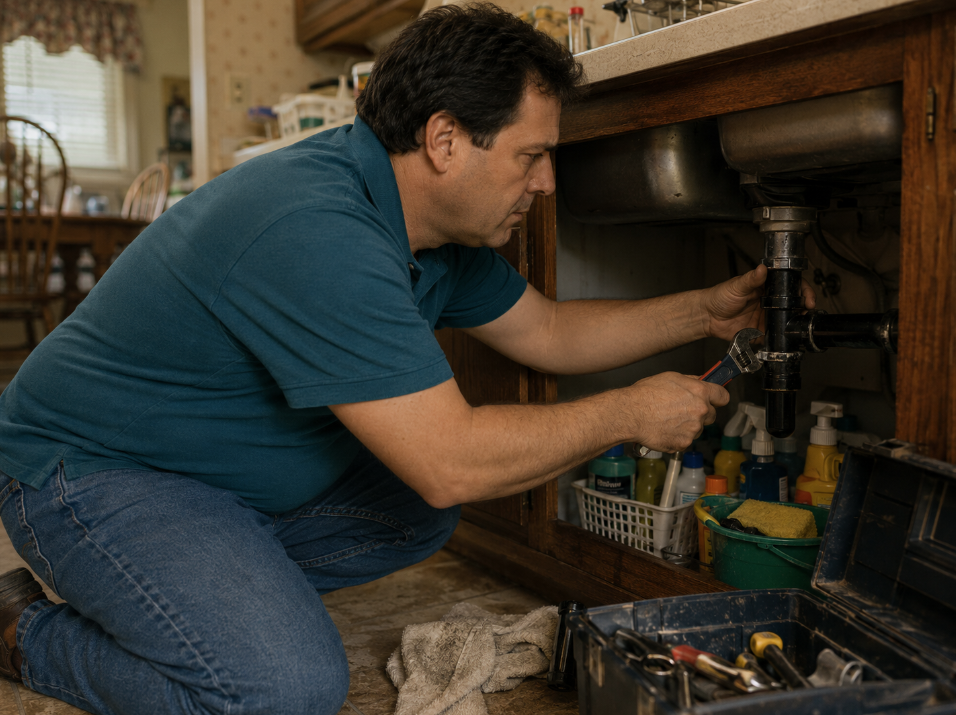 A man kneels on the kitchen floor, showing off classic dad habits as he uses a wrench to fix pipes under the sink. Cleaning supplies fill the cabinet, and an open toolbox with tools sits nearby.