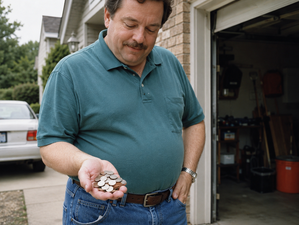 A middle-aged man in a teal polo shirt stands outside a garage, holding a pile of coins in his hand and smiling—classic dad habits on display. A car and some tools are visible in the background.