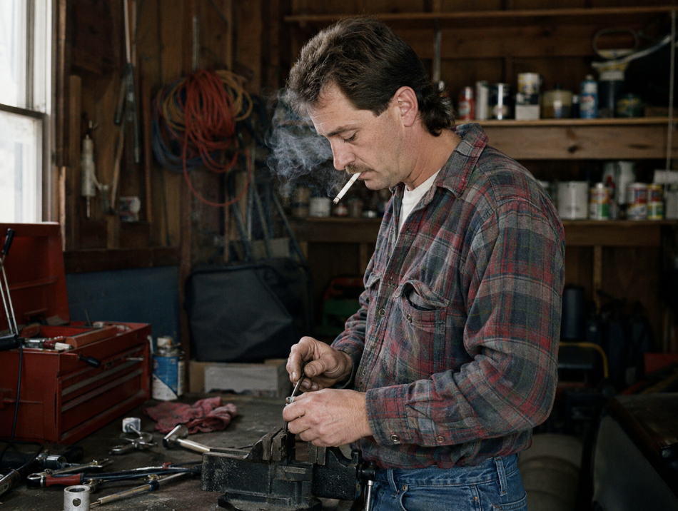 A man in a plaid shirt, showcasing classic dad habits, works on a small object at a cluttered workbench in his workshop, a cigarette hanging from his mouth and various tools scattered in the background.