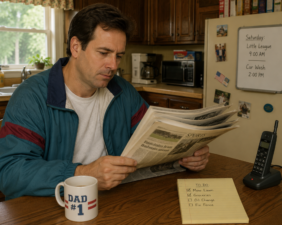 A man in a casual jacket sits at a kitchen table reading a newspaper, surrounded by classic dad habits—a "Dad #1" mug, cordless phone, and to-do list. Family notes and schedules are posted on the fridge in the background.