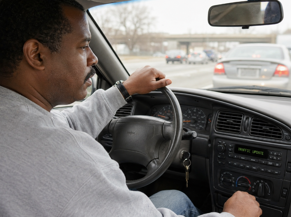 A man, showcasing classic dad habits, drives through traffic with one hand on the wheel and eyes ahead. The dashboard displays "TRAFFIC UPDATE" on the radio, while other vehicles are visible through the windshield.