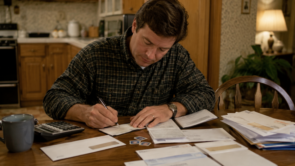 A man sits at a kitchen table surrounded by papers, envelopes, a calculator, and a mug, embodying classic dad habits as he writes on a document with a pen, focused and engaged in sorting through bills or paperwork.