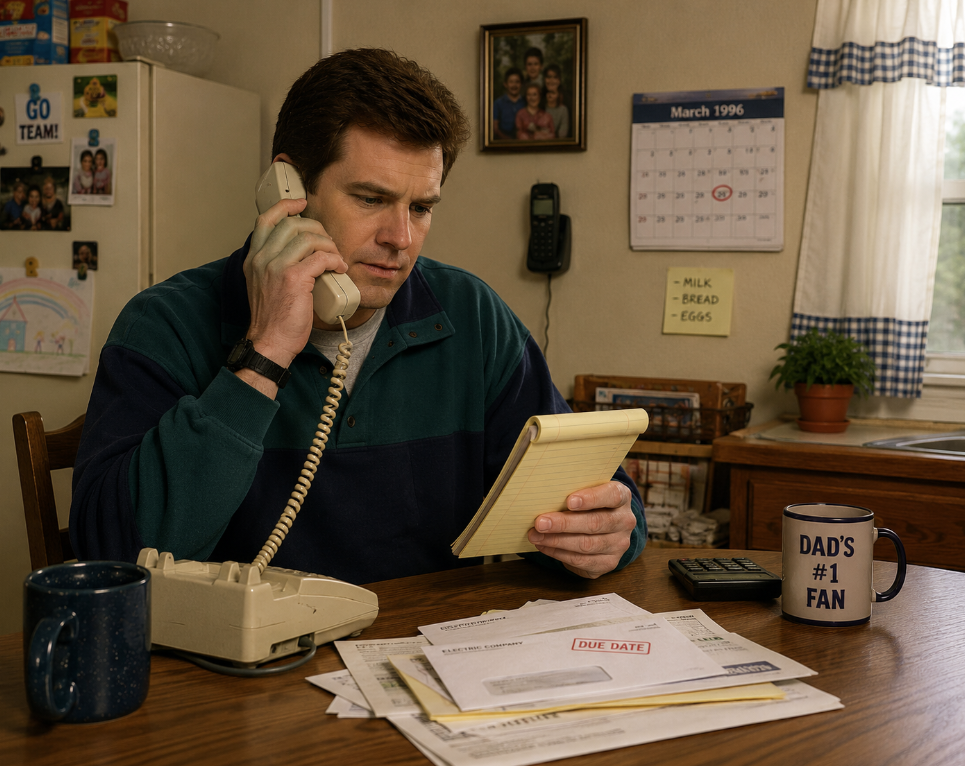 A man sits at a kitchen table in the 1990s, practicing classic dad habits—talking on a corded phone and jotting notes. Bills, a calculator, and a "Dad's #1 Fan" mug clutter the table. A March 1996 calendar hangs on the wall behind him.