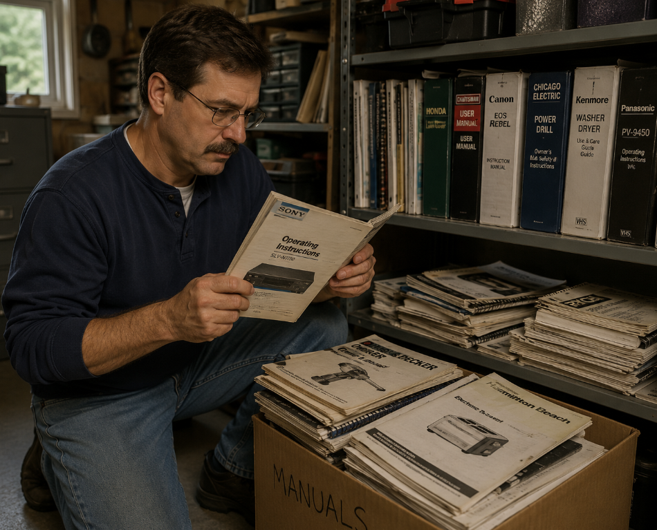 A man wearing glasses and a blue shirt kneels by a shelf, reading a manual—a classic example of dad habits. He is surrounded by organized binders and stacks of instruction booklets labeled for electronics and appliances.